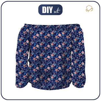 Bluzka hiszpanka (SOFIA) - MALOWANE PIWONIE / navy - zestaw do uszycia XL