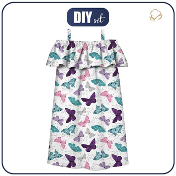 Sukienka hiszpanka (LILI) - MOTYLE wz. 5 / biały (PURPUROWE MOTYLE) - zestaw do uszycia