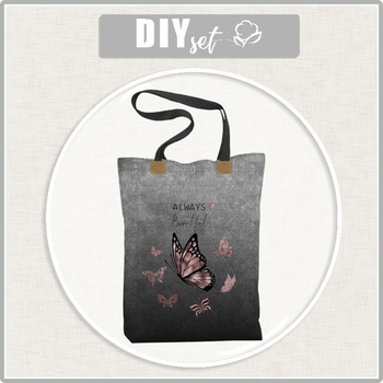 SHOPPERKA - ALWAYS BEAUTIFUL (BROKATOWE MOTYLE) / ACID WASH SZARY - tkanina wodoodporna - zestaw do uszycia