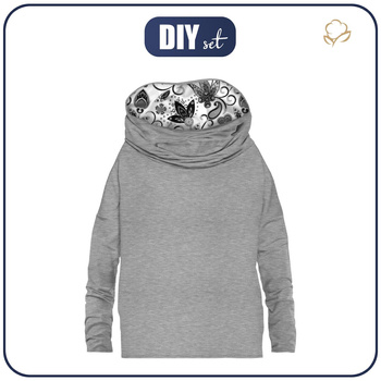 BLUZA DAMSKA (FURIA) NIETOPERZ Z KOMINEM - MELANŻ JASNOSZARY / kwiaty (wzór 2 szary) - zestaw do uszycia L