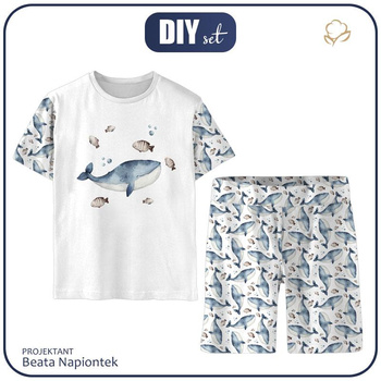 PIŻAMA DZIECIĘCA "ADA" - NIEBIESKIE WIELORYBY (ŚWIAT OCEANU) - zestaw do uszycia (146/152)