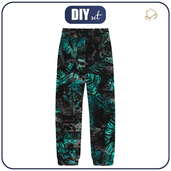 DZIECIĘCE SPODNIE Z SOFTSHELLU (YETI) - JUNGLE ZEBRA / MONSTERA - zestaw do uszycia (134/140)