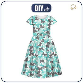 KINDER KLEID "MIA" - SCHMETTERLINGE / aqua - Nähset (122/128)