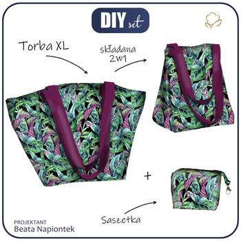 XL Tasche mit Utensilientasche 2 in 1 - MINI BLÄTTER UND INSEKTEN MS.4 (TROPISCHE NATUR) / schwarz - Nähset