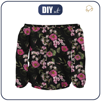 Carmenausschnitt Bluse (SOFIA) - ROSA BLUMEN M. 2 - Nähset XL