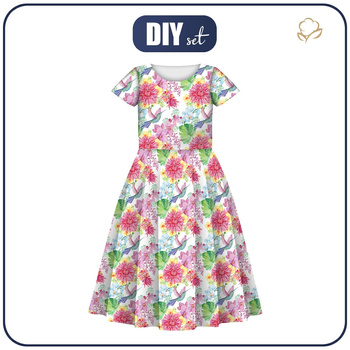 KINDER KLEID "MIA" - KOLIBRIS UND BLUMEN - Nähset (122/128)