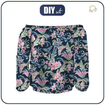 Bardot neckline blouse (SOFIA) - FLOWERS AND BUTTERFLIES / navy - sewing set L