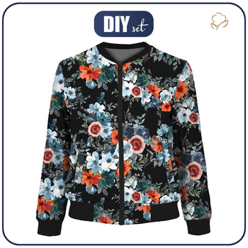 WOMEN’S BOMBER JACKET (KAMA) - WATER-COLOR FLOWERS pat. 2 / black - sewing set XXL