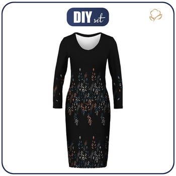 PENCIL DRESS (ALISA) - LEAVES PAT. 3 / BLACK - sewing set XXL