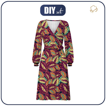 WRAP MIDI DRESS (BIANCA) - PURPLE LEAVES (VINTAGE) - sewing set  M