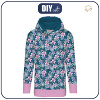 LONG WOMEN’S HOODIE - WATER WORLD pat. 1 / sea blue - looped knit fabric