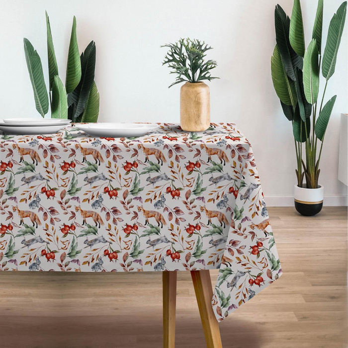 FOREST ANIMALS PAT. 2 / WHITE (COLORFUL AUTUMN) - Cotton woven fabric