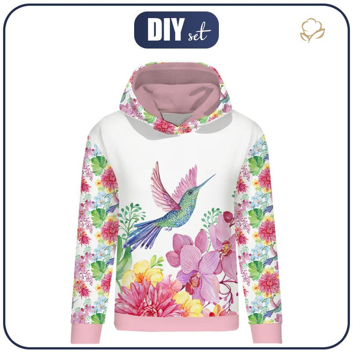 CLASSIC WOMEN’S HOODIE (POLA) - HUMMINGBIRDS AND FLOWERS pat. 2 - looped knit fabric - S