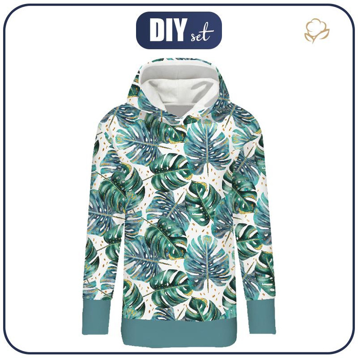 BLUZA DAMSKA (MEGI) - DŁUGA Z KAPTUREM - MONSTERA wz. 4 / biały - dzianina pętelkowa XXL