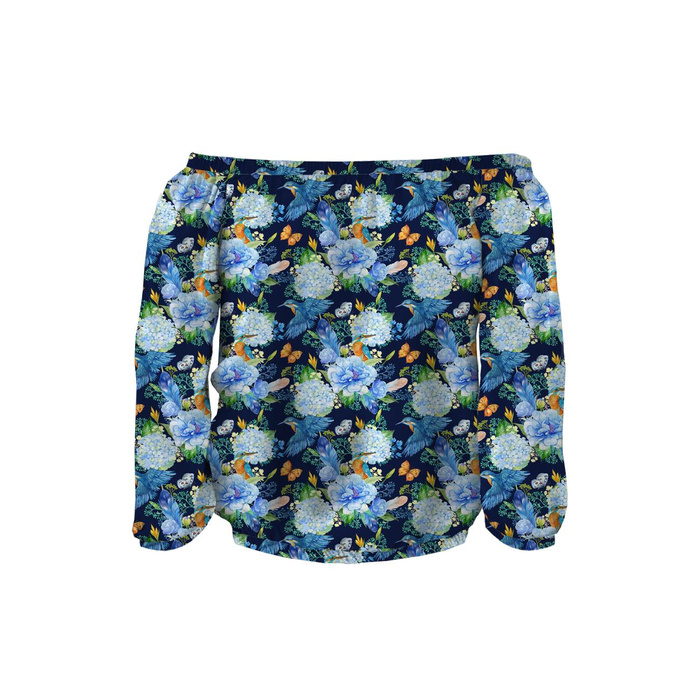 Bardot neckline blouse (SOFIA) - KINGFISHERS AND LILACS (KINGFISHERS IN THE MEADOW) / navy - sewing set