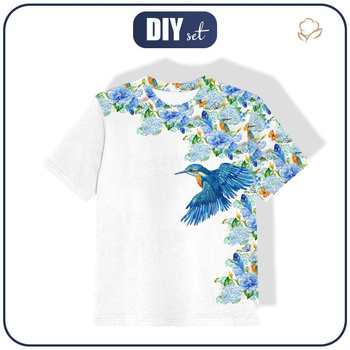 KINDER T-SHIRT- EISVÖGEL UND FLIEDER (EISVÖGEL AUF DER WIESE) / weiß - Single Jersey (128/134)