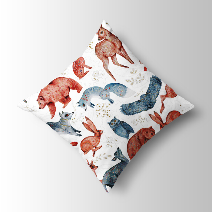FOLK ANIMALS pat. 1 / white (FOLK FOREST) - Cotton woven fabric