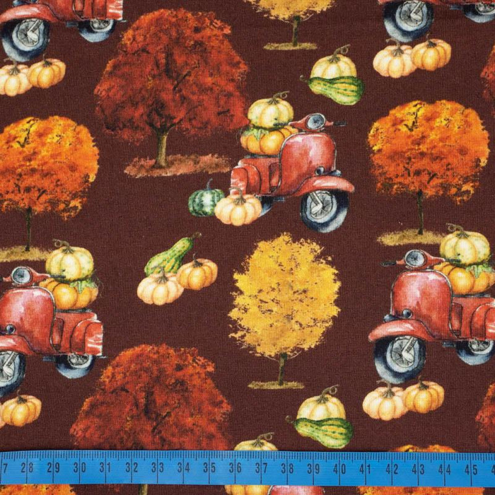 PUMPKINS ON THE SCOOTER (trees) / maroon (PUMPKIN GARDEN) - single jersey 