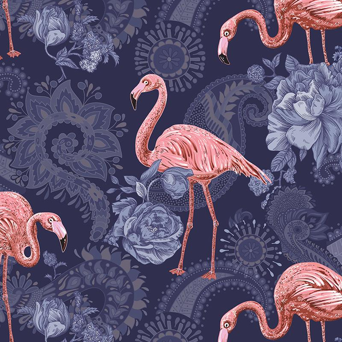 FLAMINGOS UND ROSEN / dunkelblau- Single Jersey mit Elastan