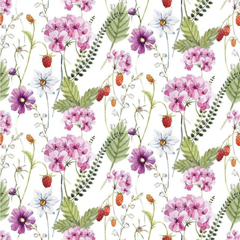 KWIATY I POZIOMKI (NA ŁĄCE) - Muślin bawełniany