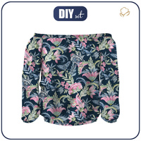 Bardot neckline blouse (SOFIA) - FLOWERS AND BUTTERFLIES / navy - sewing set XL