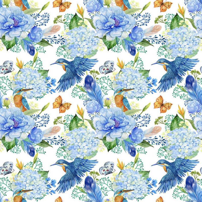 MINI KINGFISHERS AND LILACS (KINGFISHERS IN THE MEADOW) / white - Cotton woven fabric
