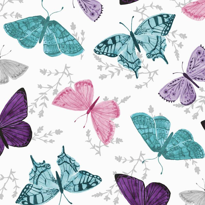 BUTTERFLIES PAT. 5 / white  (PURPLE BUTTERFLIES) - Cotton woven fabric