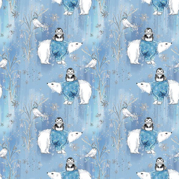 PENGUINS ON BEARS / light blue (ENCHANTED WINTER) - Cotton woven fabric