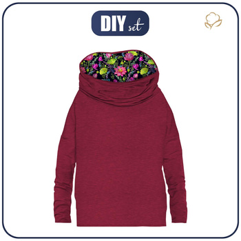 BLUZA DAMSKA (FURIA) NIETOPERZ Z KOMINEM - MELANŻ VIVA MAGENTA / ZIMORODKI I MAKI - zestaw do uszycia XXXL