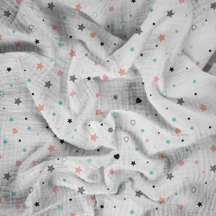 STARS AND HEARTS (PASTEL SKY) - Cotton muslin