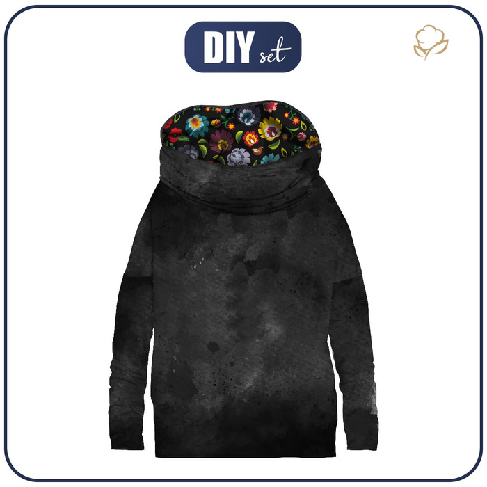 BLUZA DAMSKA (FURIA) NIETOPERZ Z KOMINEM - BLACK SPECKS / FOLK ŁOWICKI / czarny - zestaw do uszycia L