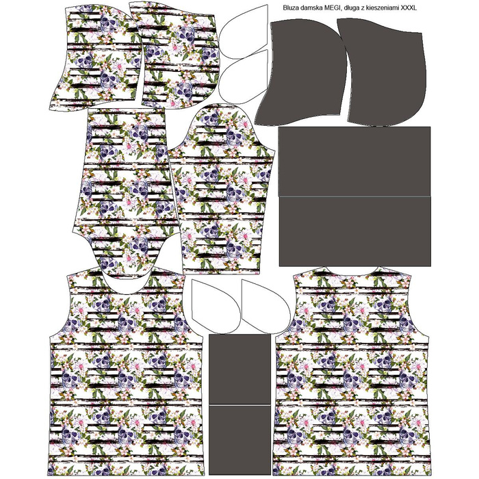 LONG WOMEN’S HOODIE (MEGI) - SKULLS ON STRIPES - looped knit fabric - XL