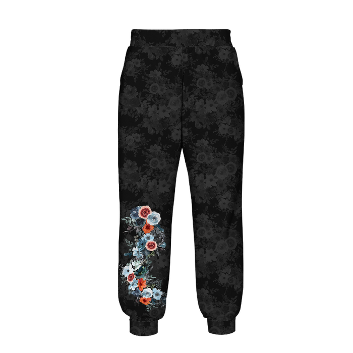 JOGGERY DAMSKIE (NOEMI) - AKWARELOWE KWIATY wz. 2 / czarny - zestaw do uszycia S