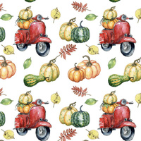 KÜRBISSE AUF DEM SCOOTER (Blätter) / weiß (KÜRBISGARTEN) - Baumwoll Webware