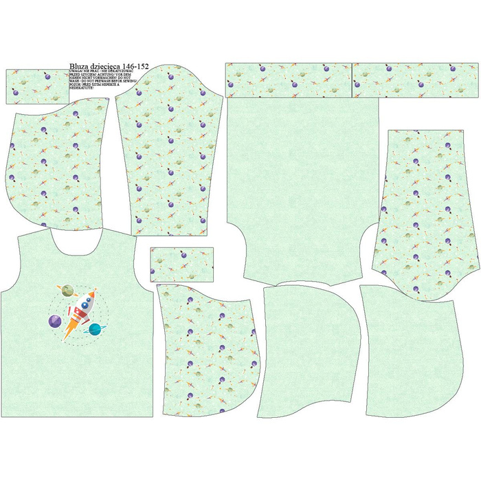 DZIECIĘCA BLUZA Z KAPTUREM (ALEX) - RAKIETA I PLANETY (WYPRAWA W KOSMOS) / ACID WASH MIĘTOWY - zestaw do uszycia