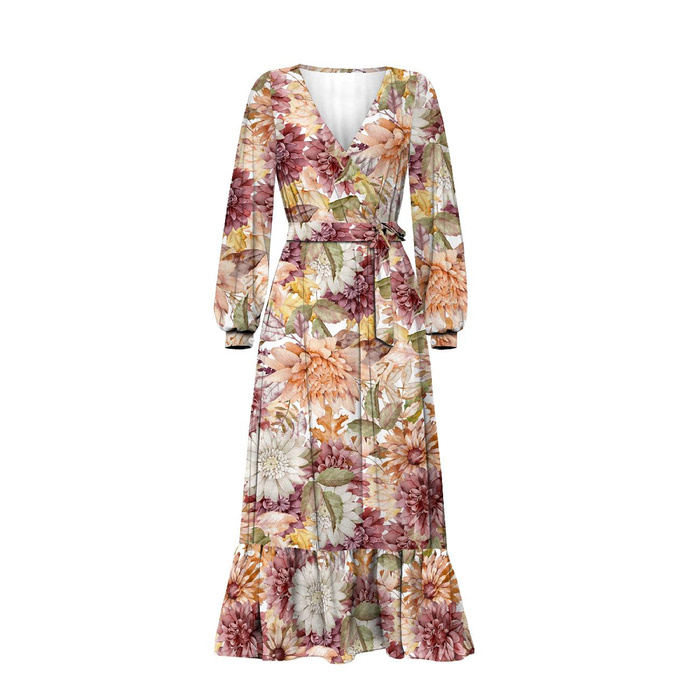 WRAP FLOUNCED DRESS (ABELLA) - AUTUMN FLOWERS (GOLDEN AUTUMN) - sewing set XL