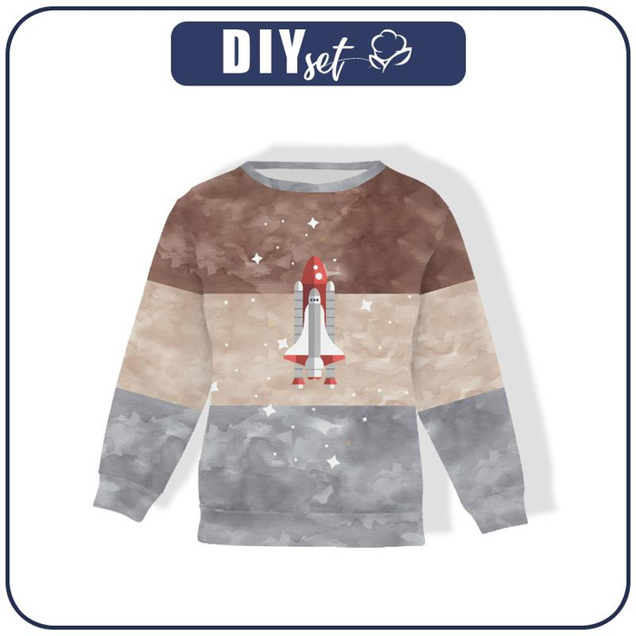 CHILDREN'S (NOE) SWEATSHIRT - SPACESHIP (SPACE EXPEDITION) / STRIPES - looped knit fabric (134/140)