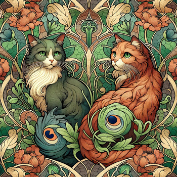 ART NOUVEAU CATS & FLOWERS WZ. 3 - Len 100%