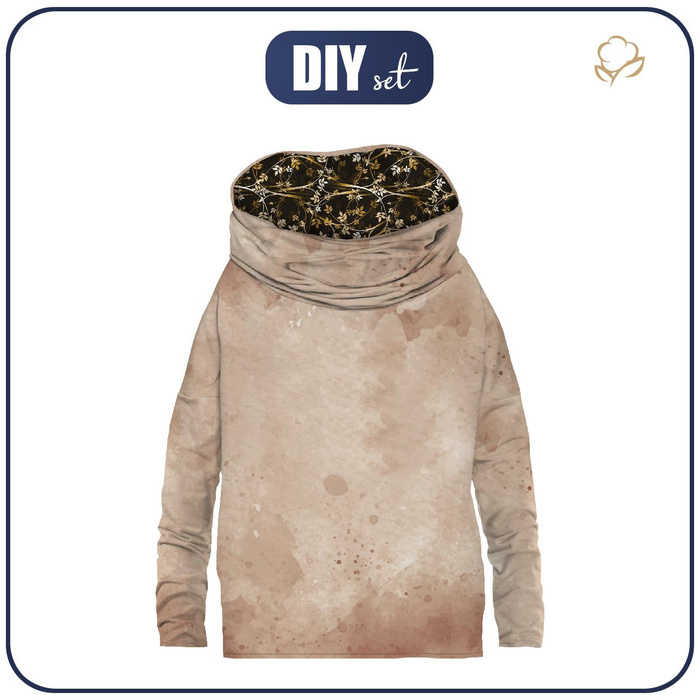 BLUZA DAMSKA (FURIA) NIETOPERZ Z KOMINEM - BEIGE SPECKS / liście wz. 2 (złoty) - zestaw do uszycia M