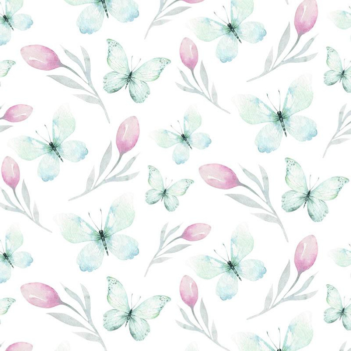 BUTTERFLIES AND TULIPS (WATER-COLOR BUTTERFLIES) - Cotton woven fabric