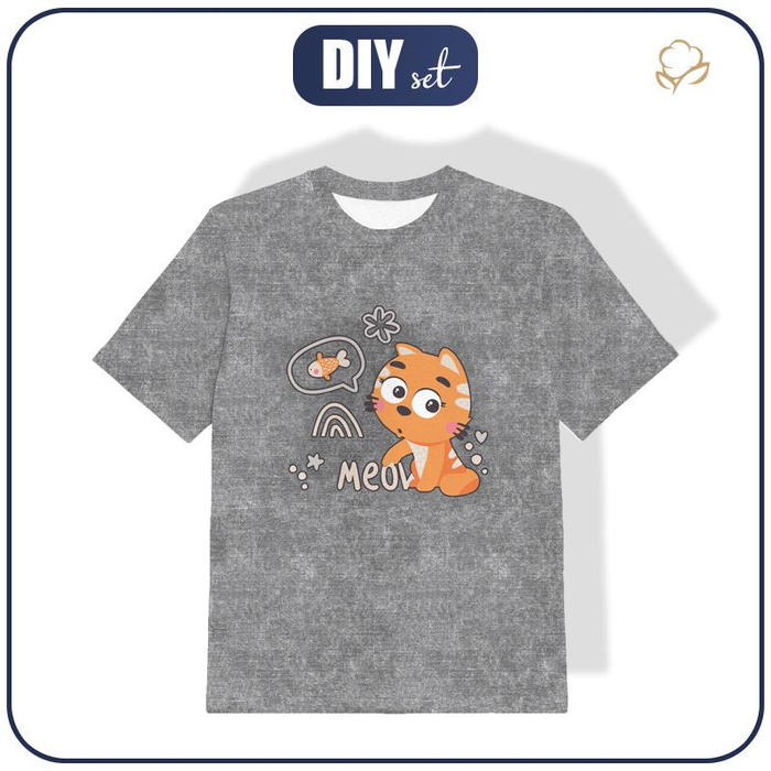 T-SHIRT DZIECIĘCY - KOTY / meow (KOCI ŚWIAT) / ACID WASH SZARY - single jersey (140/146)