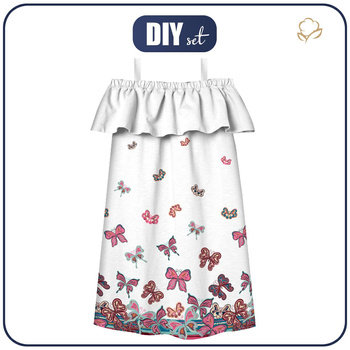 Bardot neckline dress (LILI) - BUTTERFLIES (pat. 1 pink) / white - sewing set - 110-116