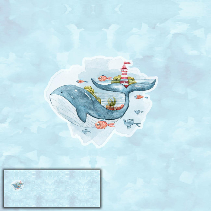 WHALE AND LIGHTHOUSE pat.2 (MAGIC OCEAN) - panoramic panel looped knit (60cm x 155cm)