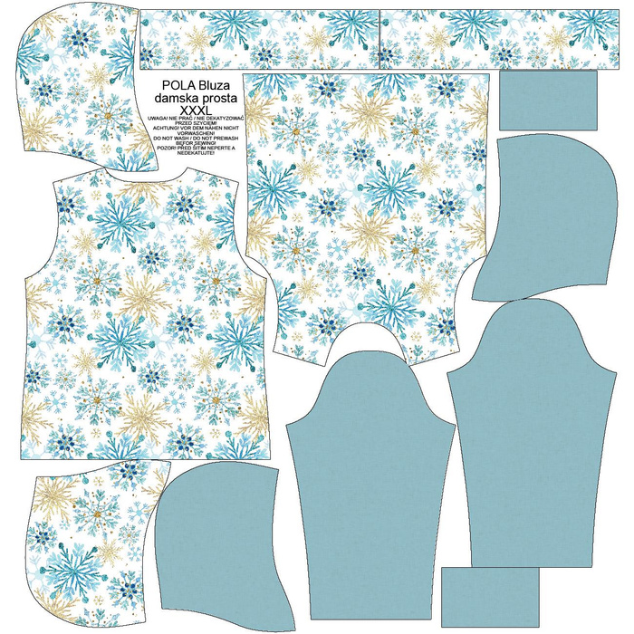 BLUZA DAMSKA (POLA) CLASSIC Z KAPTUREM - NIEBIESKIE ŚNIEŻYNKI - dzianina pętelkowa XXXL