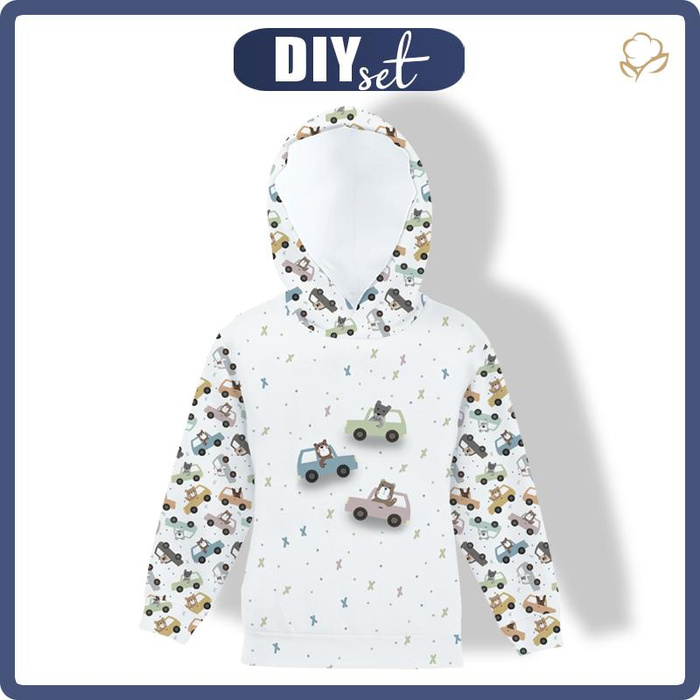 KID'S HOODIE (ALEX) - COLORFUL CARS pat. 3 (CITY BEARS) - looped knit fabric (122/128)