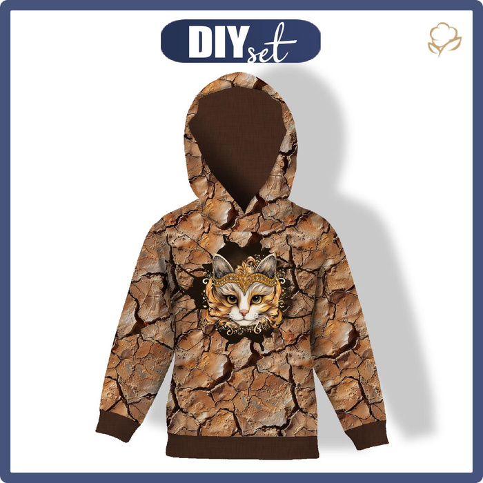 KID'S HOODIE (ALEX) - ANIMALS CRACKED pat.4 (cat) - looped knit fabric (122/128)
