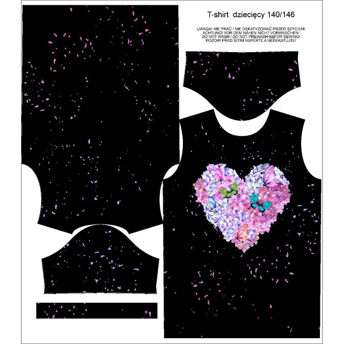 KID’S T-SHIRT - HEART FLOWERS / black - sewing set (104/110)