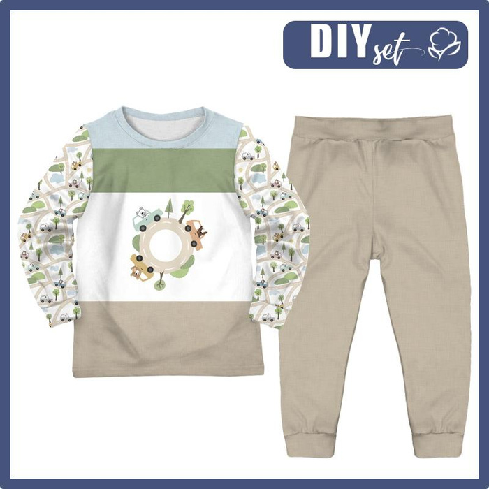 KINDERPYJAMAS "MIKI" - BUNTE AUTOS / Kreisel (STADTBÄREN) - Elastische Baumwoll Maschenware (86/92)