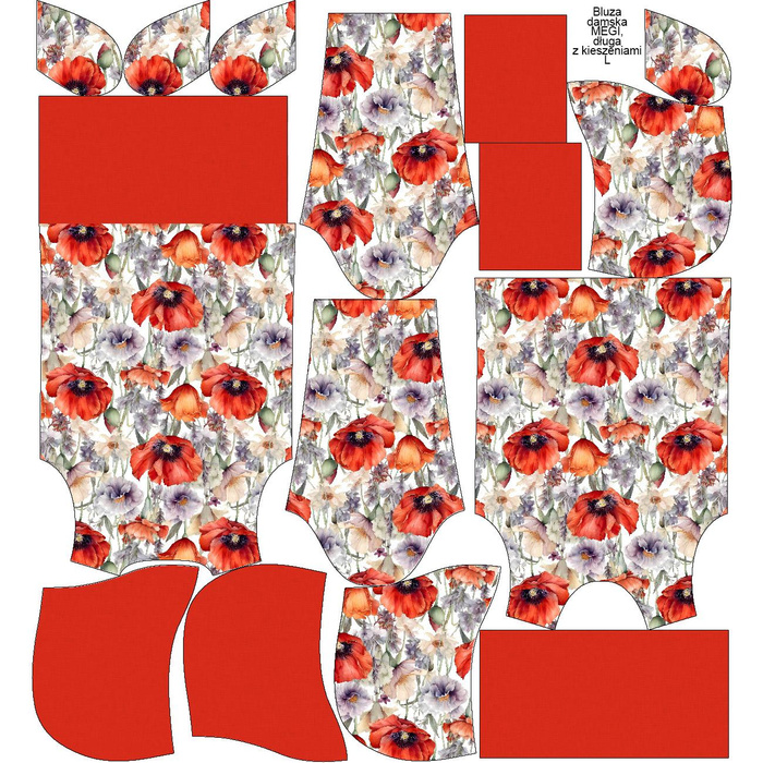 LONG WOMEN’S HOODIE (MEGI) - POPPIES pat. 5 - looped knit fabric - L