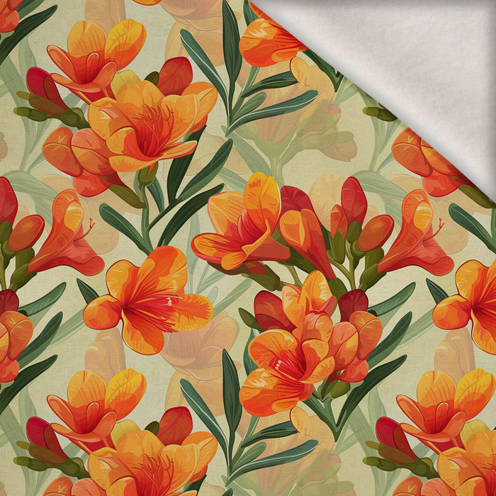 FLOWERS PAPAYA ORANGE WZ. 8 - teplákovina počesaná s elastanem ITY